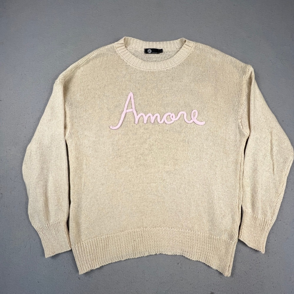 Made in Italy Amore Sweater Womens XL Cream Cotton Knit Pink 3D Script Pullover
